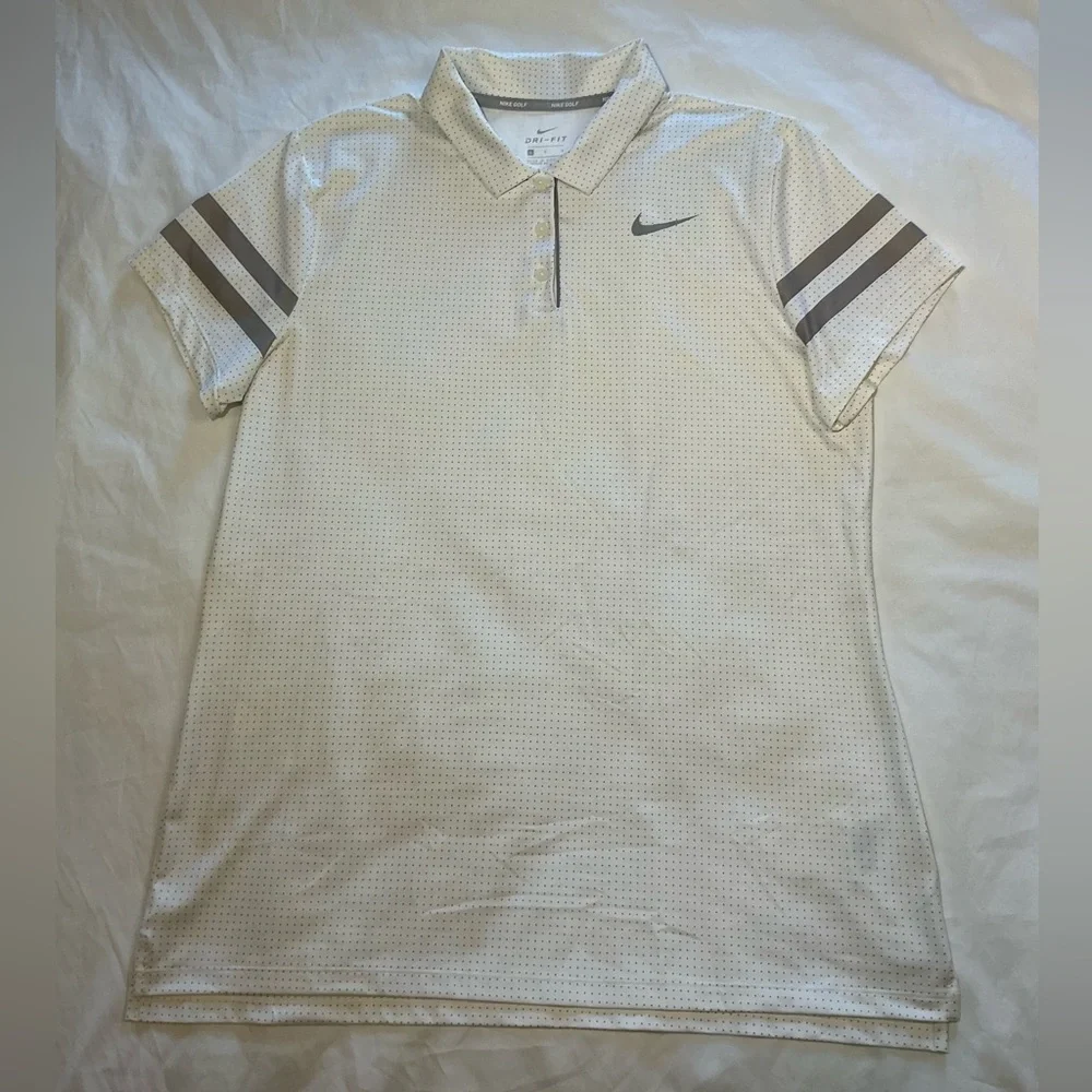 Nike Golf Dri-Fit White Polo Shirt with Gray Polka Dots Womens Size Large